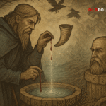 Odin sacrifices his eye into the glowing Well of Mimir beneath Yggdrasil’s roots. A parchment-style Norse illustration shows the one-eyed god facing Mimir’s living head, surrounded by runes, roots, and signs of fate.