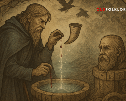 Odin sacrifices his eye into the glowing Well of Mimir beneath Yggdrasil’s roots. A parchment-style Norse illustration shows the one-eyed god facing Mimir’s living head, surrounded by runes, roots, and signs of fate.