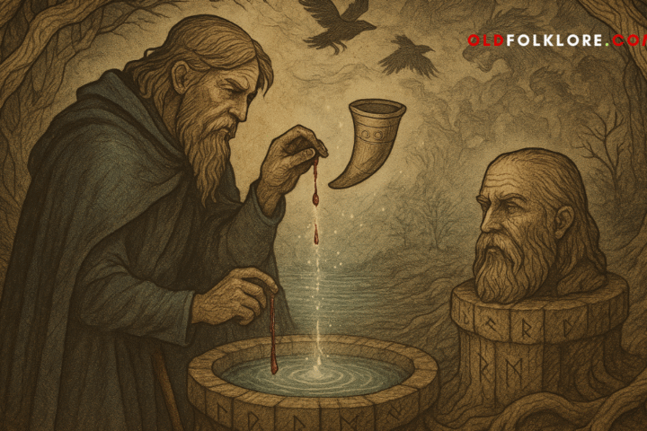 Odin sacrifices his eye into the glowing Well of Mimir beneath Yggdrasil’s roots. A parchment-style Norse illustration shows the one-eyed god facing Mimir’s living head, surrounded by runes, roots, and signs of fate.
