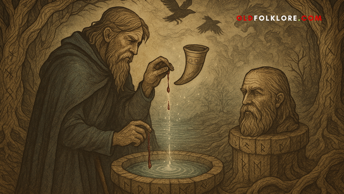 Odin sacrifices his eye into the glowing Well of Mimir beneath Yggdrasil’s roots. A parchment-style Norse illustration shows the one-eyed god facing Mimir’s living head, surrounded by runes, roots, and signs of fate.