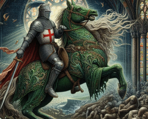 Sir Gawain in shining armor accepts the Green Knight’s challenge inside King Arthur’s hall, with courtiers watching in awe, medieval banners hanging overhead, and the mysterious green-skinned knight holding a massive axe"