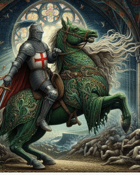 Sir Gawain in shining armor accepts the Green Knight’s challenge inside King Arthur’s hall, with courtiers watching in awe, medieval banners hanging overhead, and the mysterious green-skinned knight holding a massive axe"