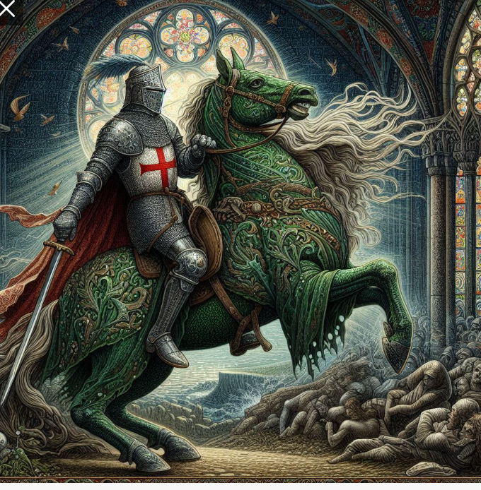 Sir Gawain in shining armor accepts the Green Knight’s challenge inside King Arthur’s hall, with courtiers watching in awe, medieval banners hanging overhead, and the mysterious green-skinned knight holding a massive axe"