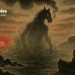 A skinless, half-horse, half-man Nuckelavee rises from a cursed sea near the Orkney Islands, glaring at a terrified fisherman under a blood-red sunrise. Waves churn as its fiery hooves burn across water in this haunting folktale illustration, parchment-styled and filled with dread.