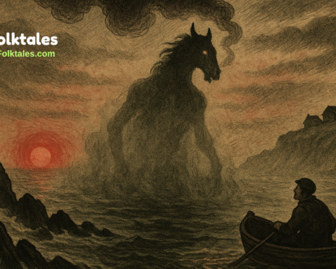 A skinless, half-horse, half-man Nuckelavee rises from a cursed sea near the Orkney Islands, glaring at a terrified fisherman under a blood-red sunrise. Waves churn as its fiery hooves burn across water in this haunting folktale illustration, parchment-styled and filled with dread.