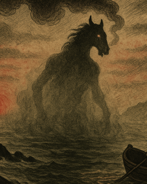 A skinless, half-horse, half-man Nuckelavee rises from a cursed sea near the Orkney Islands, glaring at a terrified fisherman under a blood-red sunrise. Waves churn as its fiery hooves burn across water in this haunting folktale illustration, parchment-styled and filled with dread.