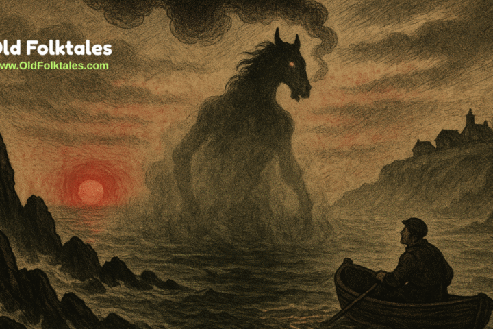 A skinless, half-horse, half-man Nuckelavee rises from a cursed sea near the Orkney Islands, glaring at a terrified fisherman under a blood-red sunrise. Waves churn as its fiery hooves burn across water in this haunting folktale illustration, parchment-styled and filled with dread.