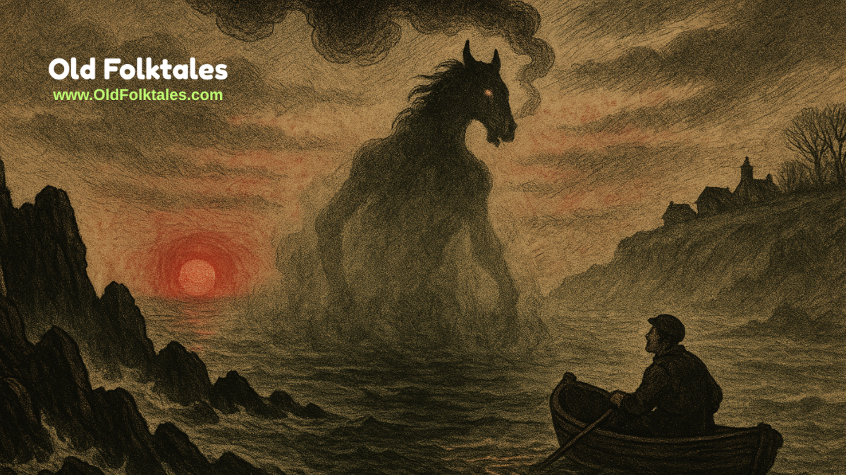 A skinless, half-horse, half-man Nuckelavee rises from a cursed sea near the Orkney Islands, glaring at a terrified fisherman under a blood-red sunrise. Waves churn as its fiery hooves burn across water in this haunting folktale illustration, parchment-styled and filled with dread.