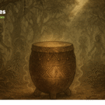 Illustration of the legendary drum from Cameroon’s Bakossi Forest, glowing in a misty clearing with forest spirits nearby, in parchment-style folklore art.