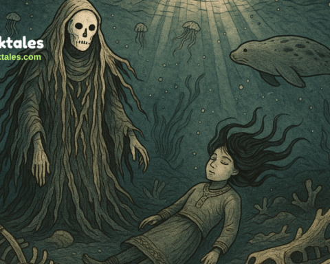 An Inuit spirit girl floats before the Bone Woman on the Arctic seafloor, surrounded by glowing bones and sea spirits. A haunting folklore illustration in parchment style shows kelp robes, bone-carved faces, and ancient ocean magic under the ice.