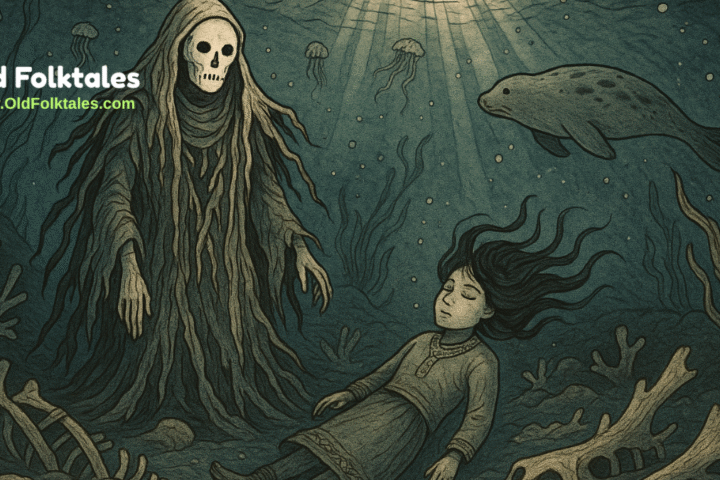 An Inuit spirit girl floats before the Bone Woman on the Arctic seafloor, surrounded by glowing bones and sea spirits. A haunting folklore illustration in parchment style shows kelp robes, bone-carved faces, and ancient ocean magic under the ice.