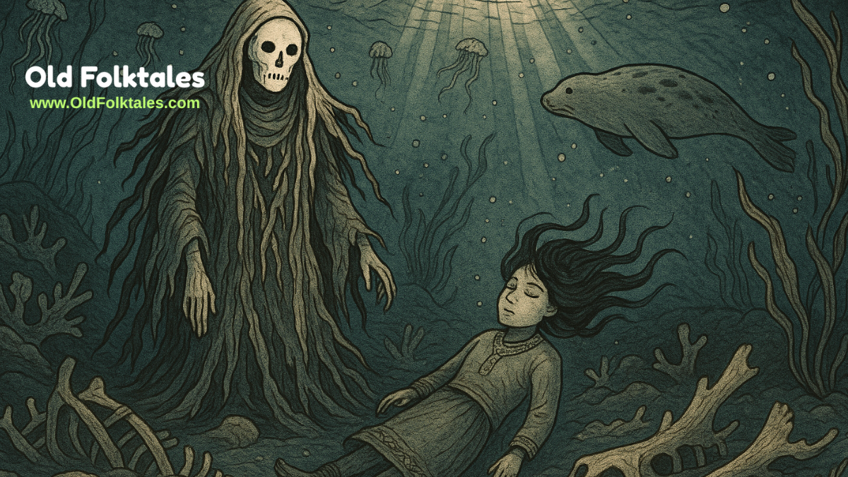 An Inuit spirit girl floats before the Bone Woman on the Arctic seafloor, surrounded by glowing bones and sea spirits. A haunting folklore illustration in parchment style shows kelp robes, bone-carved faces, and ancient ocean magic under the ice.