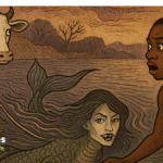 A boy encounters a shape-shifting Water Cow spirit along the Limpopo River, mid-transformation into a crocodile-woman with fish-tail features. Illustrated in aged parchment style with traditional Venda folklore design.