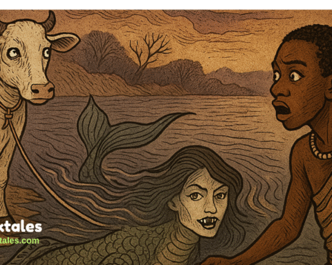 A boy encounters a shape-shifting Water Cow spirit along the Limpopo River, mid-transformation into a crocodile-woman with fish-tail features. Illustrated in aged parchment style with traditional Venda folklore design.