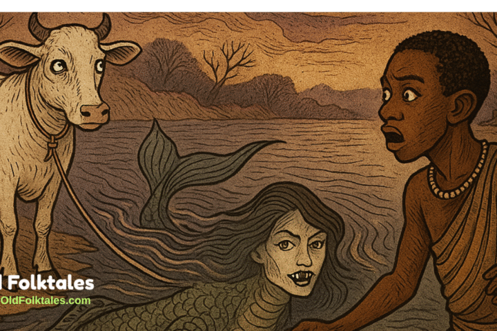 A boy encounters a shape-shifting Water Cow spirit along the Limpopo River, mid-transformation into a crocodile-woman with fish-tail features. Illustrated in aged parchment style with traditional Venda folklore design.