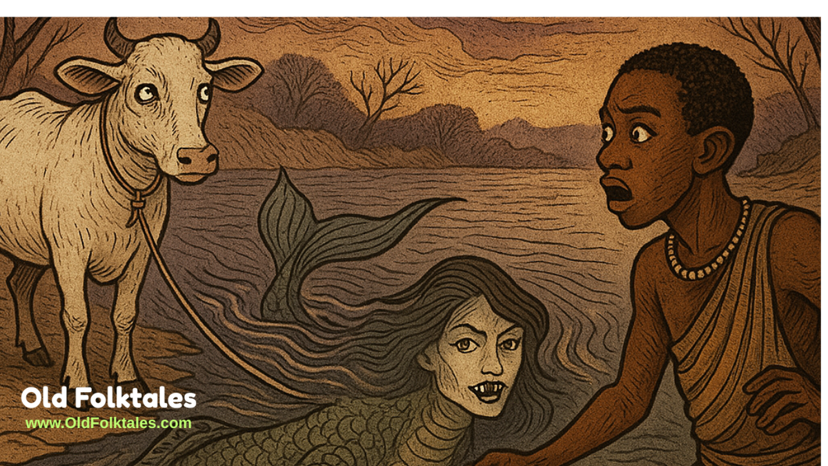 A boy encounters a shape-shifting Water Cow spirit along the Limpopo River, mid-transformation into a crocodile-woman with fish-tail features. Illustrated in aged parchment style with traditional Venda folklore design.