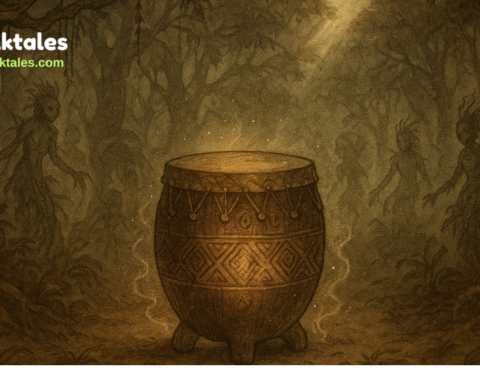 Illustration of the legendary drum from Cameroon’s Bakossi Forest, glowing in a misty clearing with forest spirits nearby, in parchment-style folklore art.