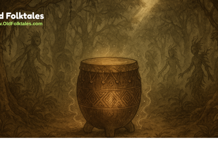 Illustration of the legendary drum from Cameroon’s Bakossi Forest, glowing in a misty clearing with forest spirits nearby, in parchment-style folklore art.