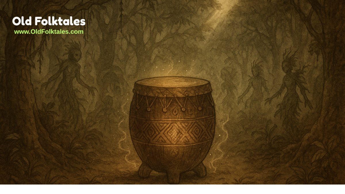 Illustration of the legendary drum from Cameroon’s Bakossi Forest, glowing in a misty clearing with forest spirits nearby, in parchment-style folklore art.