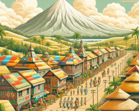 Parchment-style scene of the Kadayawan Festival with tribal dancers, floral floats, and fruits under bright sunlight.