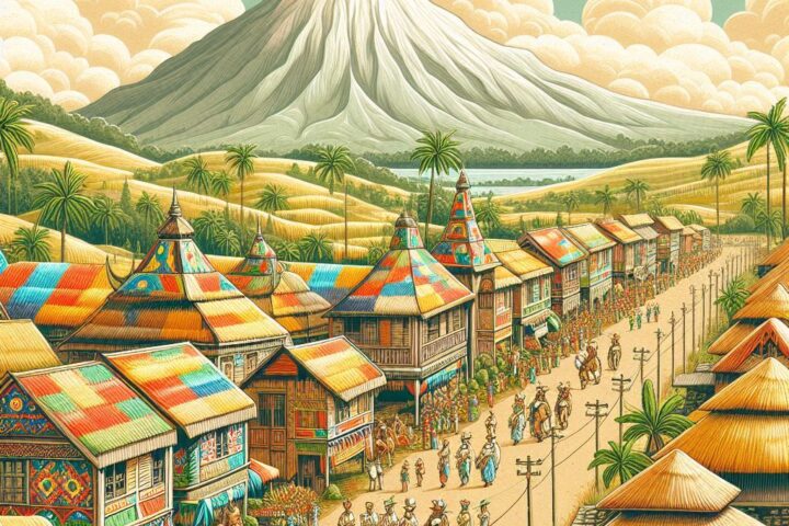 Parchment-style scene of the Kadayawan Festival with tribal dancers, floral floats, and fruits under bright sunlight.