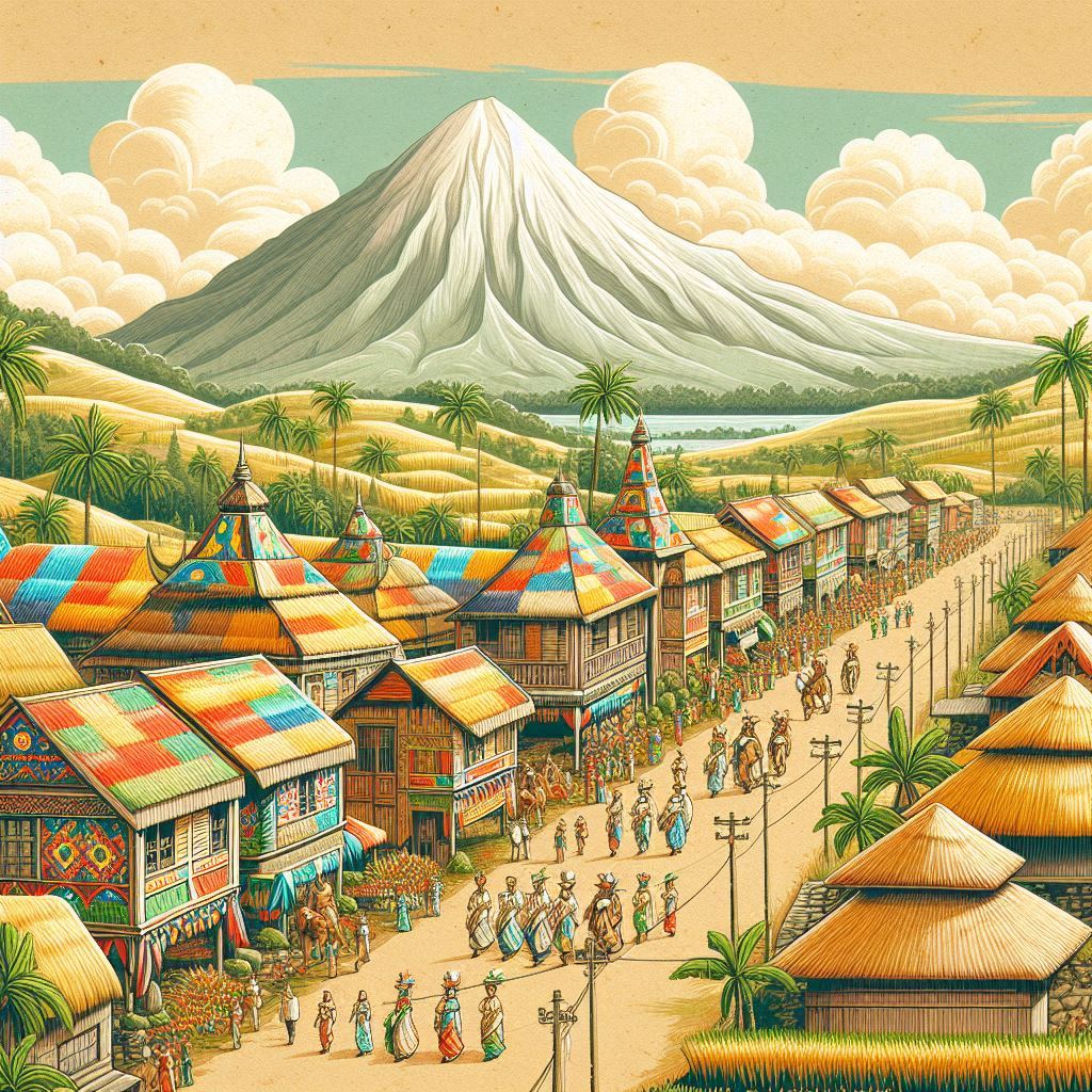 Parchment-style scene of the Kadayawan Festival with tribal dancers, floral floats, and fruits under bright sunlight.