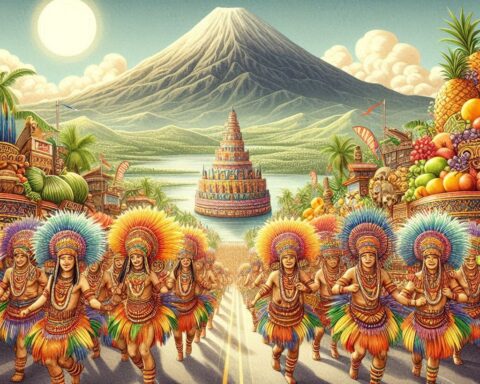 Parchment-style scene of the Kadayawan Festival with tribal dancers, floral floats, and fruits under bright sunlight.