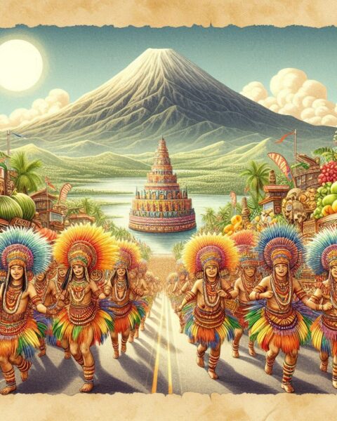 Parchment-style scene of the Kadayawan Festival with tribal dancers, floral floats, and fruits under bright sunlight.