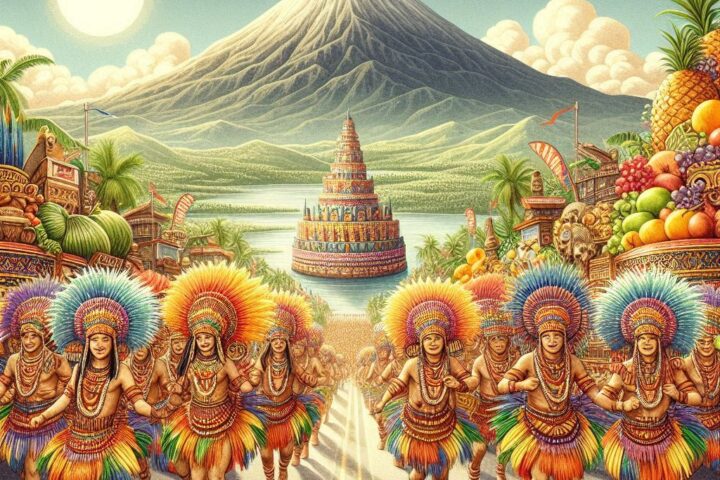 Parchment-style scene of the Kadayawan Festival with tribal dancers, floral floats, and fruits under bright sunlight.